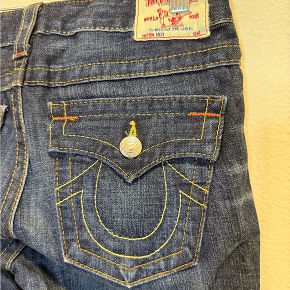 True Religion Men's Hand Picked Slim Red Orange Stitch Jeans Lost Lagoon Size 28 - Picture 5 of 8